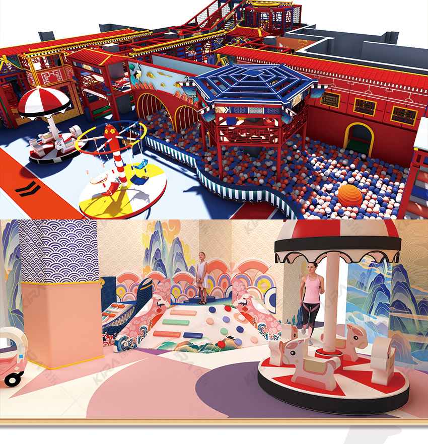 国风设计风格的儿童乐园，注意中国历史文化风格，是古代风格与现代风格结合的亲子乐园
