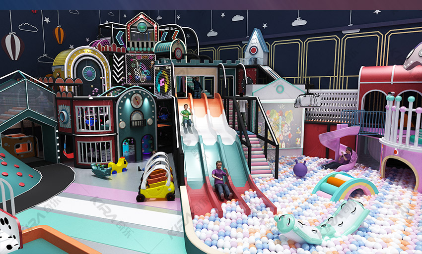 马卡龙主色调儿童乐园，场地空间布局层次分明、造型新颖规划合理。以茉莉配色为设计理念。